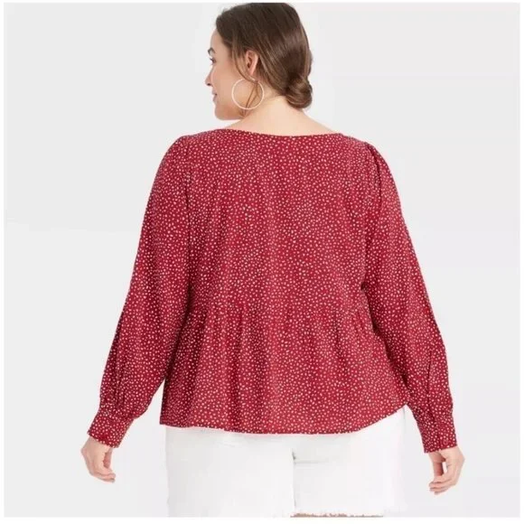 Ava & Viv Women’s Size 2X Red & White Babydoll Long Sleeve Blouse - Picture 2 of 8